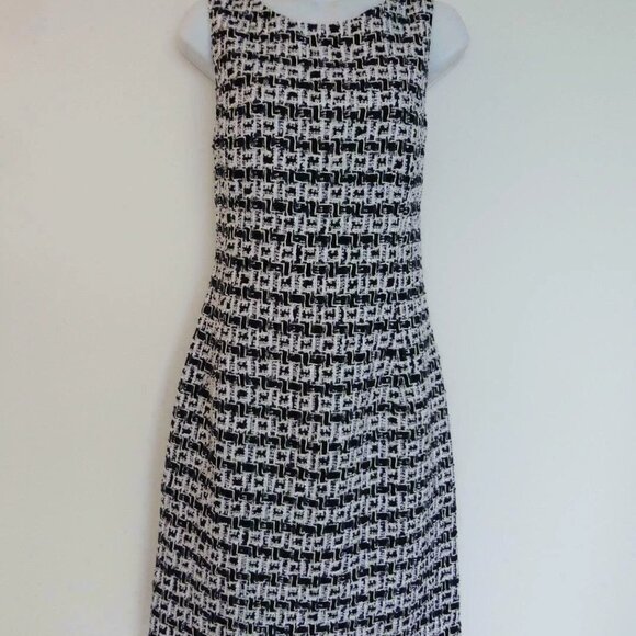 NWT OSCAR DE LA RENTA Navy Blue White Wool Cotton Tweed SLVS Pencil Dress 6, 10 - Picture 1 of 7